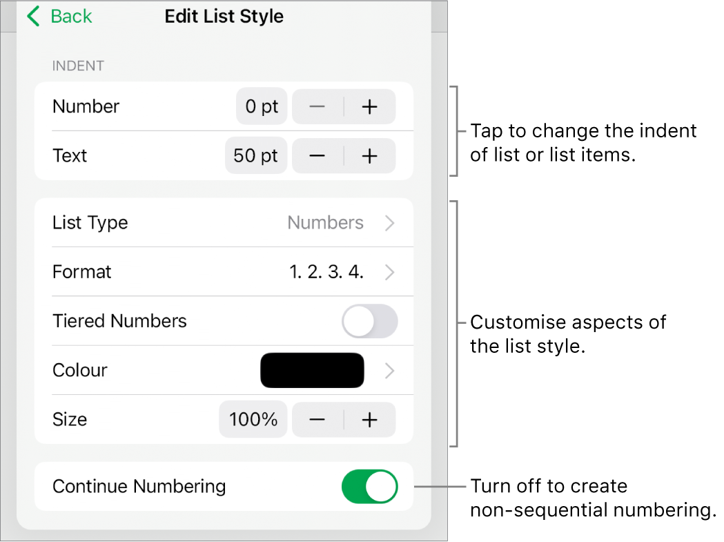 Edit List Style menu with controls for indent spacing, list type and format, tiered numbers, list colour and size, and continued numbering.