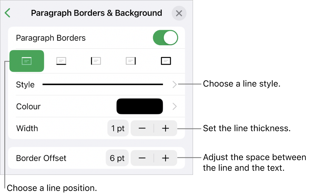 Controls to change the line style, thickness, position and colour.