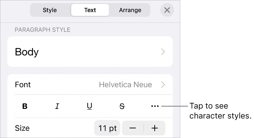 The Format controls with paragraph styles at the top, then Font controls. Below Font are the Bold, Italic, Underline, Strikethrough and More Text Options buttons.