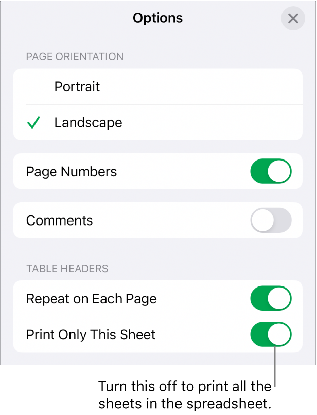 Printing options for choosing page orientation, showing page numbers and headers, and choosing paper size and which pages to print.