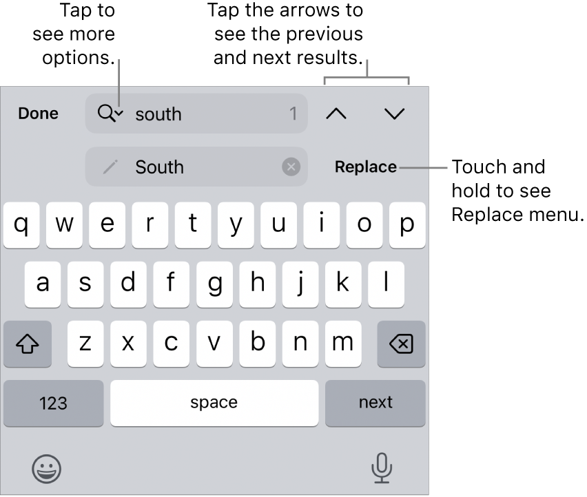 The Find & Replace controls above the keyboard with callouts to the Search Options, Replace, Go Up, and Go Down buttons.