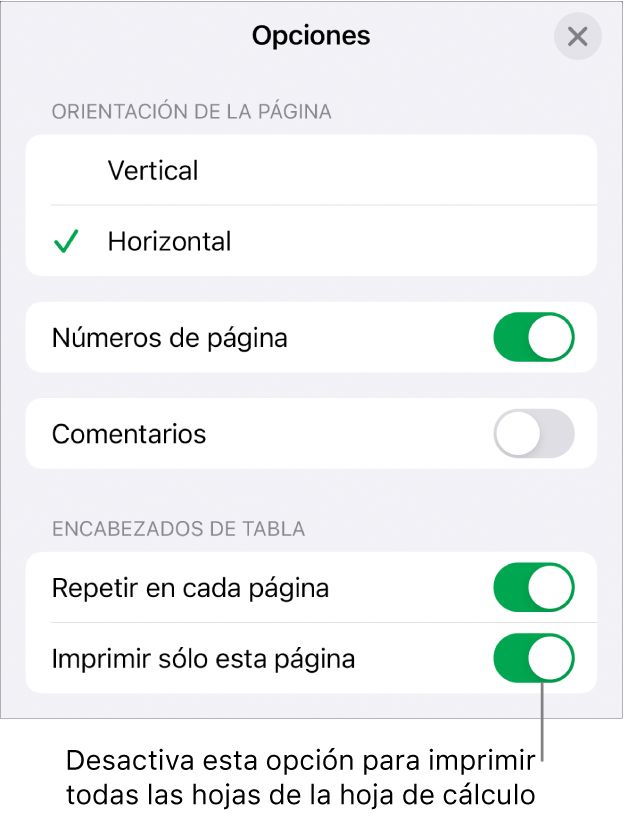 Opciones de impresión para seleccionar la orientación de la página, mostrar el número de páginas y los encabezados, así como para seleccionar el tamaño del papel y especificar las páginas a imprimir.