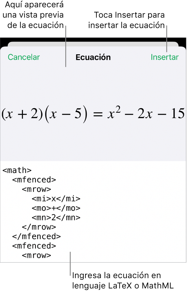 El cuadro de diálogo Ecuación con una ecuación escrita con comandos de MathML y una previsualización de la fórmula encima.