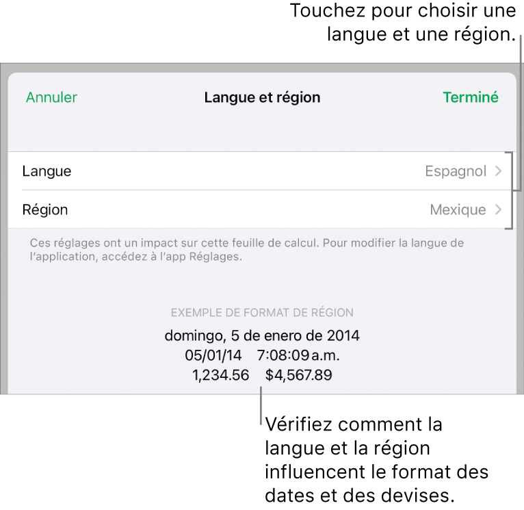 Sous-fenêtre Langue et région avec les commandes pour la langue et la région, et un exemple du format qui comprend la date, l’heure, les décimales et la devise.