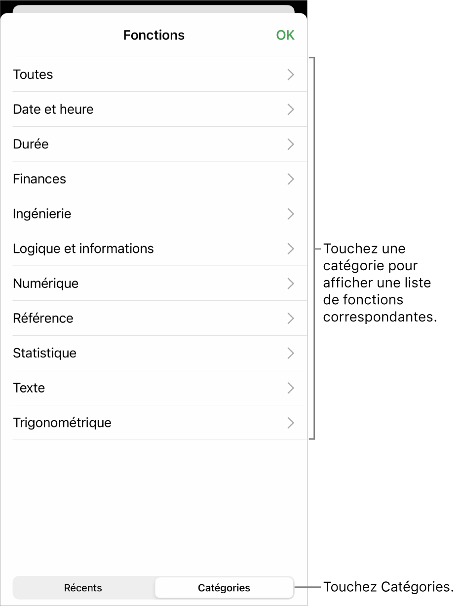 Le navigateur de fonctions avec le bouton Catégories sélectionné et la liste des catégories en dessous.