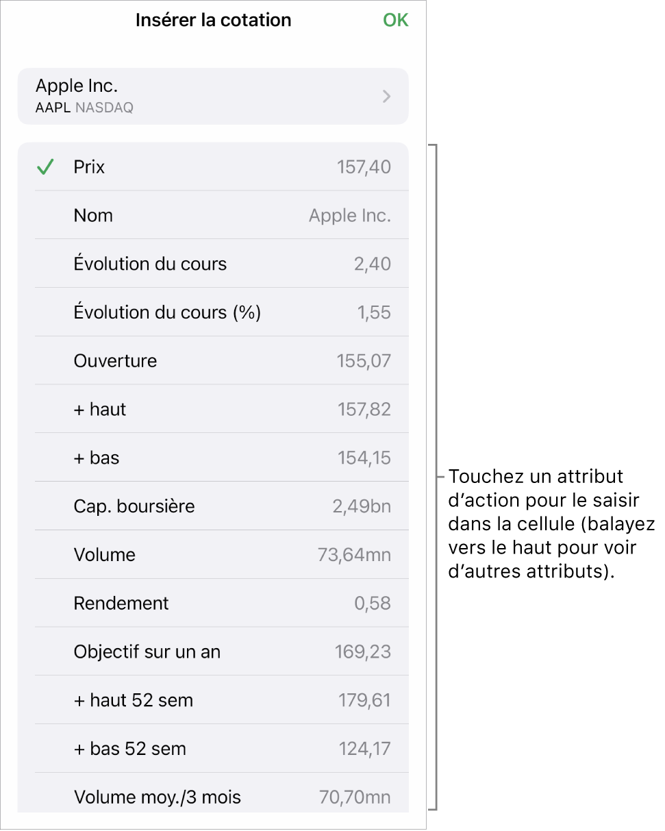 Fenêtre surgissante Cotation, le nom de l’action apparaissant en haut et les attributs d’action sélectionnables, notamment le cours, le nom du cours, son évolution, cette évolution en pourcentage et le cours à l’ouverture apparaissant en bas.