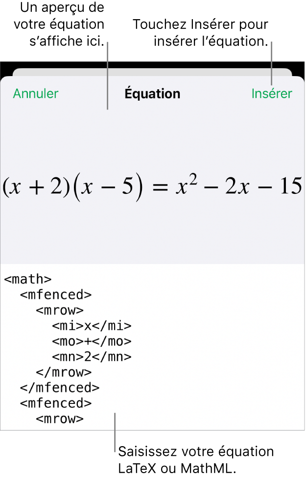 Zone de dialogue Équation, affichant une équation composée à l’aide des commandes MathML, et un aperçu de la formule au-dessus.