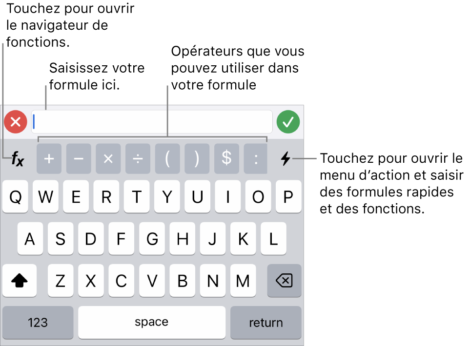 Clavier des formules, avec l’éditeur de formules en haut et les opérateurs utilisés dans les formules en dessous de celui-ci. Le bouton Fonctions qui permet d’ouvrir le navigateur de fonctions se trouve à gauche des opérateurs et le bouton du menu d’action, à droite.