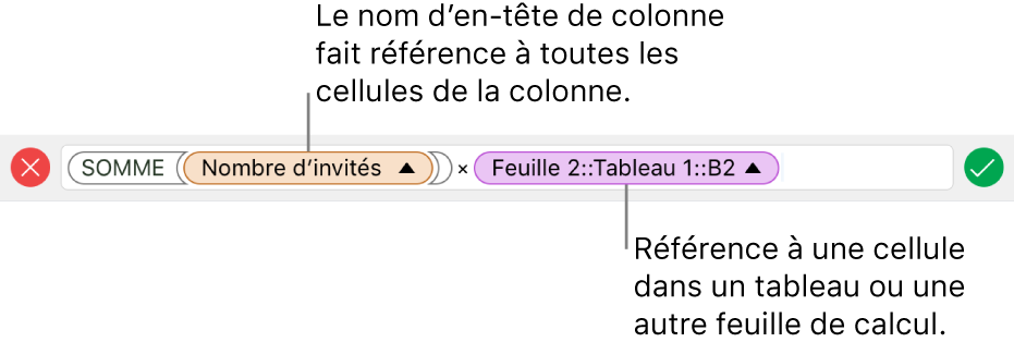 L’éditeur de formules présentant une formule faisant référence à une colonne d’un tableau et à une cellule d’un autre tableau.