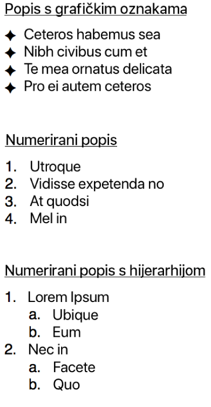 Primjeri popisa s grafičkim oznakama, numeriranih popisa i numeriranih popisa s hijerarhijom.