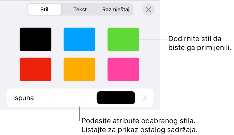 Prozor Stil tipke Formatiraj sa stilovima objekta na vrhu i kontrola ispod njih za promjenu ispune.