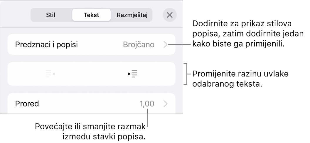 Odjeljak Predznaci i popisi kontrola formatiranja s oblačićima na Predznake i popise, tipke za izvlake i uvlake i kontrole razmaka između redaka.