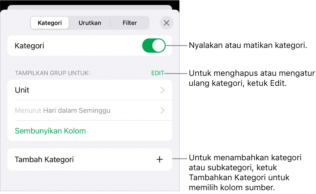 Menu Kategori untuk iPhone dengan pilihan untuk mematikan kategori, menghapus kategori, mengelompokkan ulang data, menyembunyikan kolom sumber, dan menambah kategori.