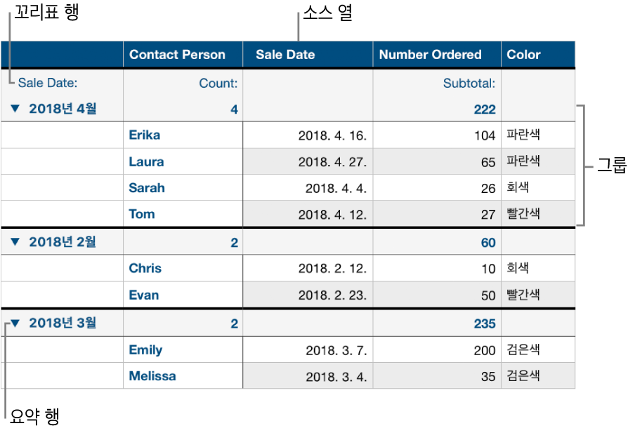 소스 열, 그룹, 요약 행 및 레이블 행을 표시하는 분류된 표.