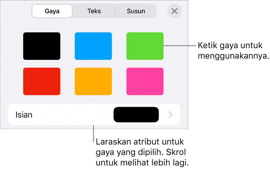 Anak tetingkap Gaya dalam menu Format dengan gaya bentuk bahagian atas dan warna isian di bawahnya.