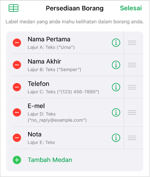 Kawalan persediaan borang, menunjukkan pilihan untuk menambah, mengedit, menyusun semula dan memadam medan, serta menukar format medan (seperti daripada Teks ke Peratusan).