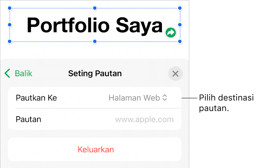 Kawalan Seting Pautan dengan Halaman Web dipilih dan butang Keluarkan di bahagian bawah.