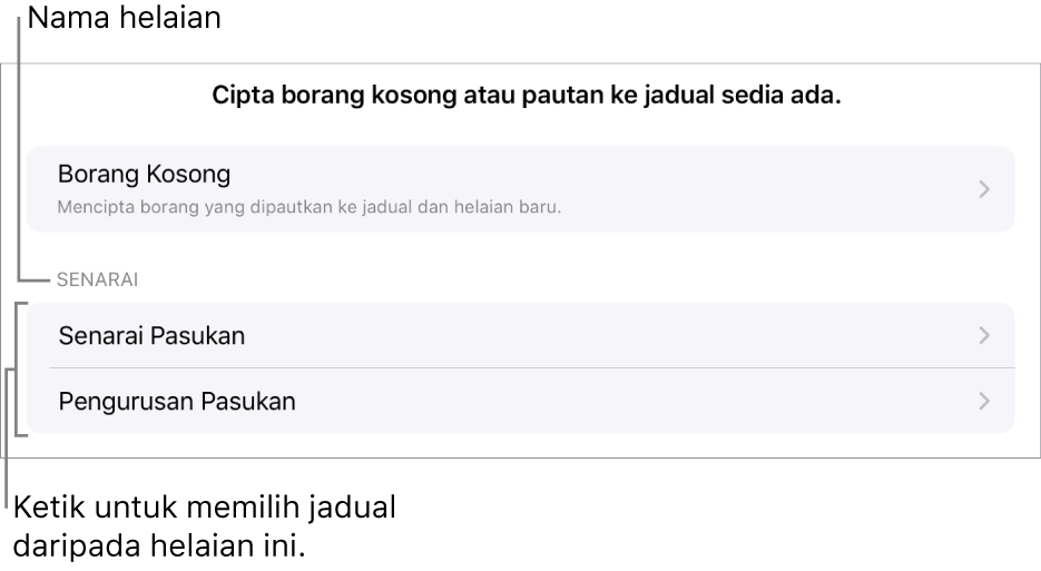 Senarai jadual yang berada dalam hamparan yang sama, dengan pilihan untuk mencipta borang kosong di bahagian atas.