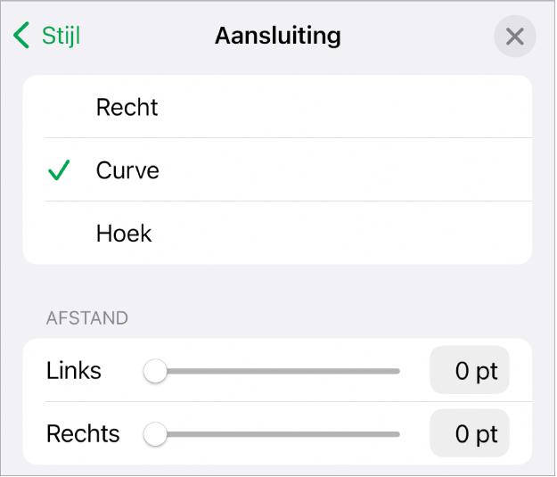 De aansluitingsregelaars waarbij 'Curve' is geselecteerd.