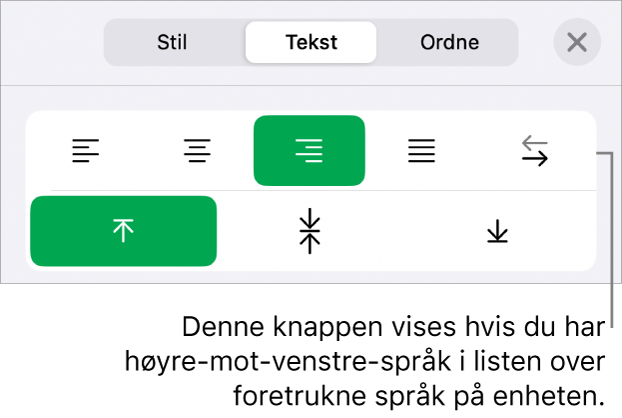 Stil-delen for Format-menyen med en bildeforklaring for Høyre til venstre-knappen.