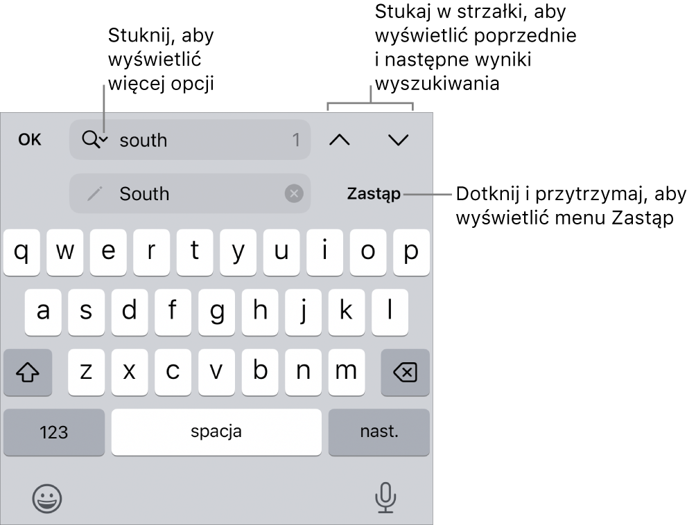 Narzędzia Znajdź i zastąp nad klawiaturą. Objaśnienia wskazują przyciski Opcje wyszukiwania, Zastąp, Do góry oraz W dół.