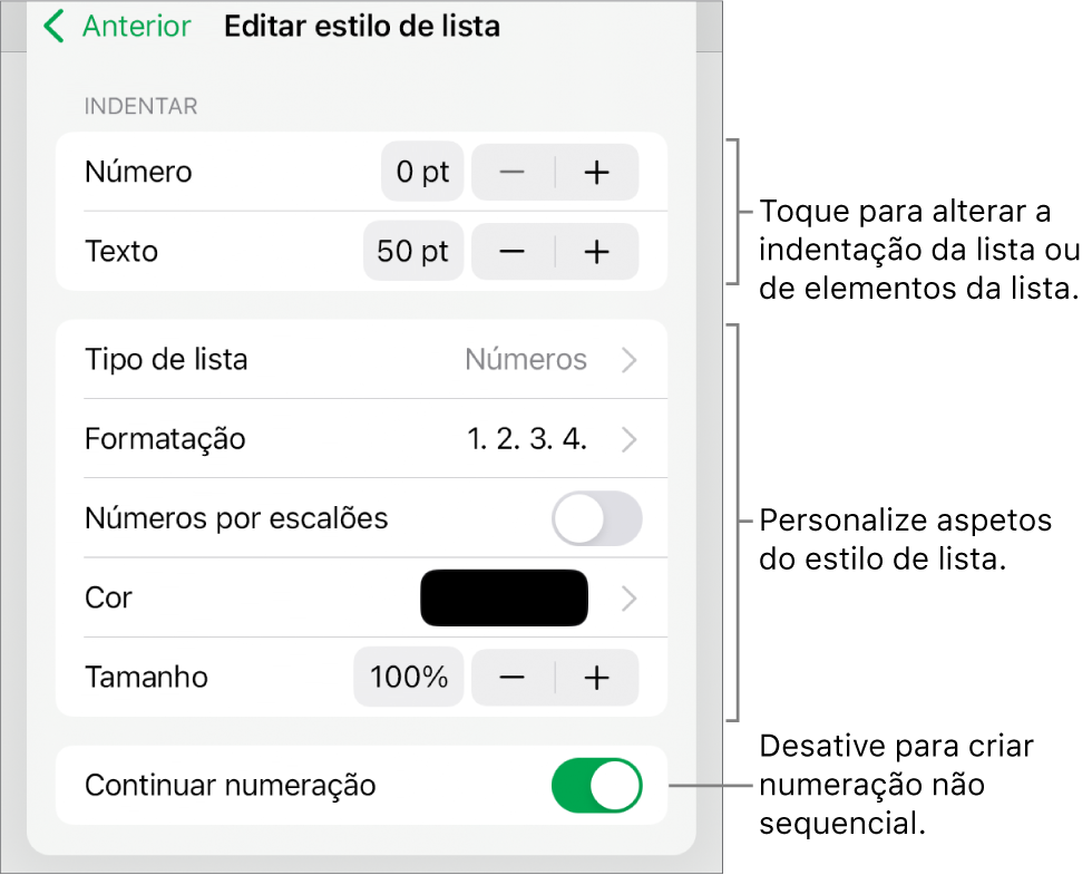 O menu “Editar estilo de lista” com controlos para espaçamento, tipo de lista e formatação, números por escalões, cor e tamanho da lista e numeração contínua.