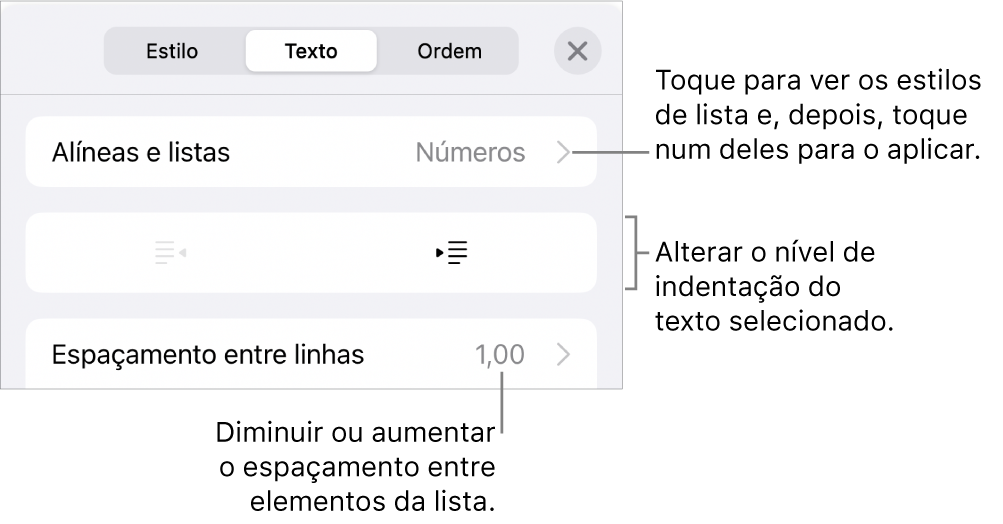 A secção “Marcas e listas” dos controlos de Formatação com chamadas para “Marcas e listas”, botões de remover indentação e de indentação e controlos de espaçamento.