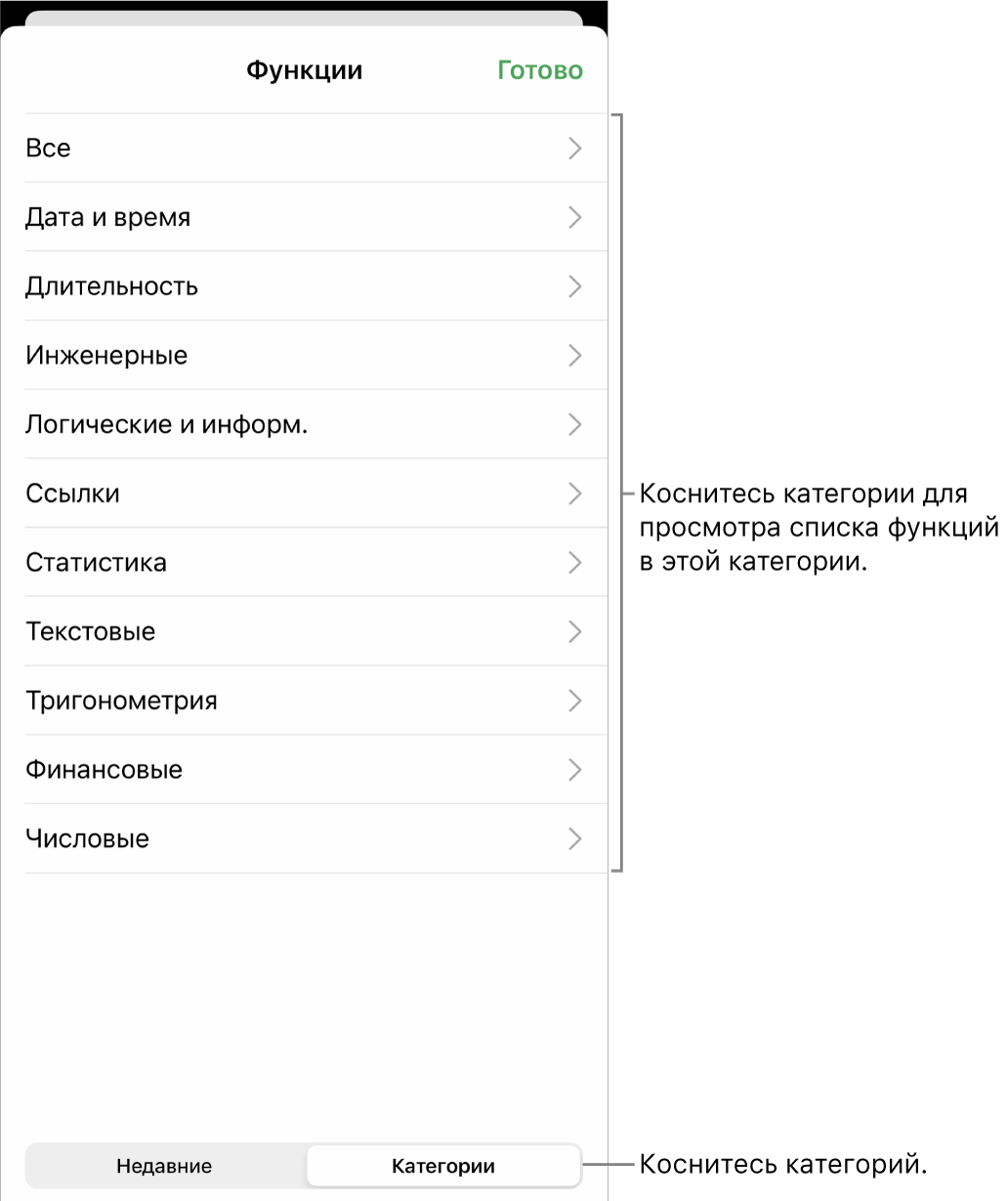 Браузер функций. Выбрана кнопка «Категории», под ней отображается список категорий.