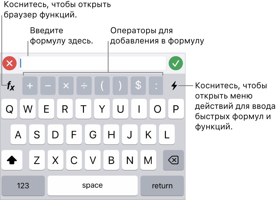 Клавиатура формул. Вверху отображается редактор формул, под ним операторы, используемые в формулах. Слева от операторов находится кнопка «Функции» для открытия браузера функций, справа находится кнопка меню действий.