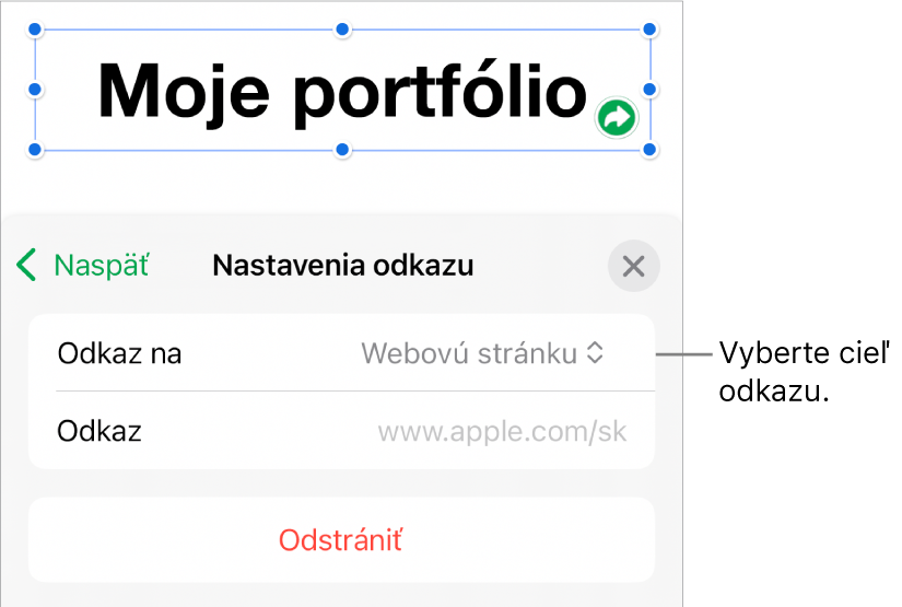 Ovládacie prvky nastavení odkazov s vybranou položkou Webová stránka a tlačidlom Odstrániť v dolnej časti.