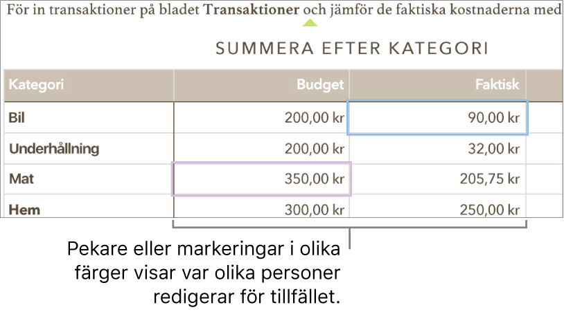 Pekare eller markeringar i olika färger visar var andra redigerar för tillfället.