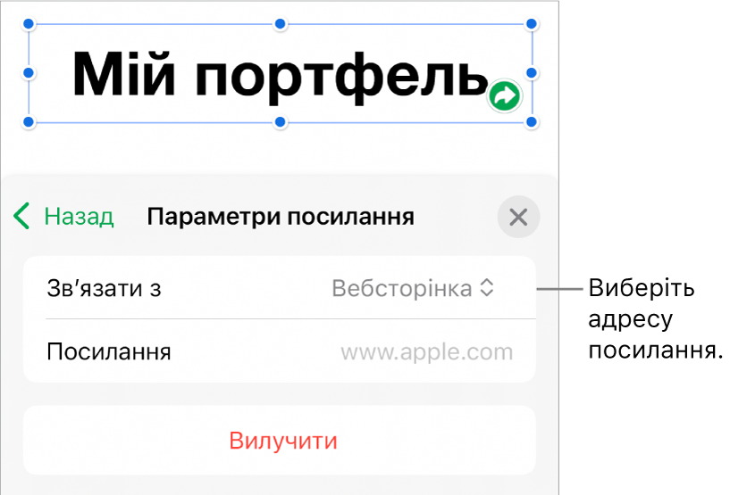 Елементи керування параметрами посилань із вибраною вебсторінкою та кнопкою «Вилучити» внизу.