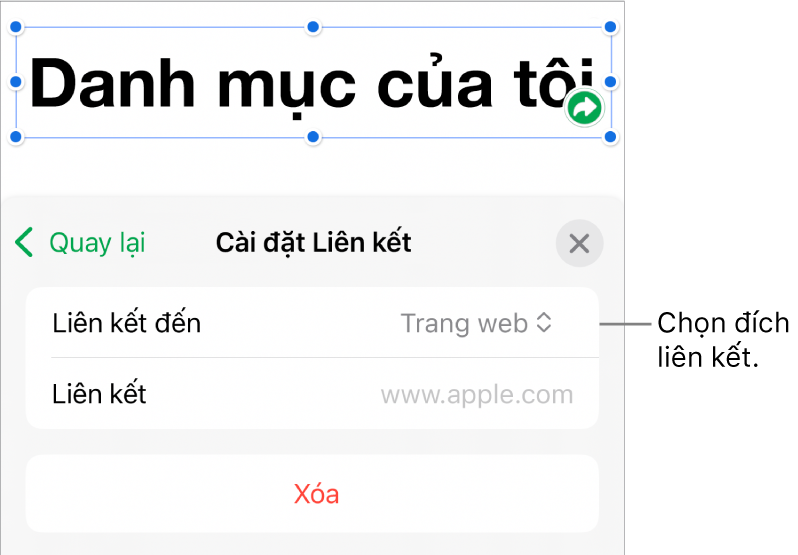 Các điều khiển Cài đặt Liên kết với Trang web được chọn và nút Xóa nằm ở cuối.