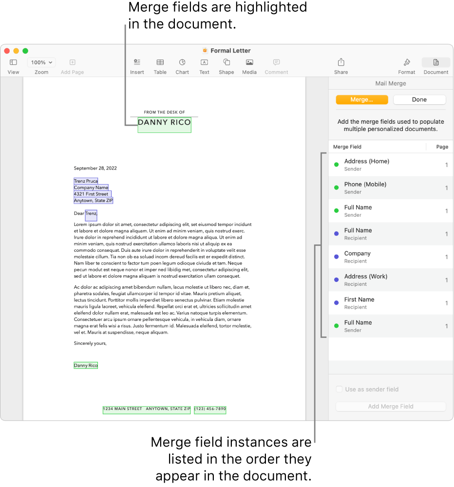 Pages document with recipient and sender merge fields, and the merge field instances list visible in the Document sidebar.