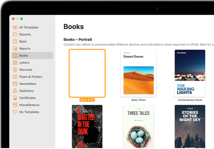 The template chooser with Books selected in the category list on the left, and book templates in portrait orientation on the right.