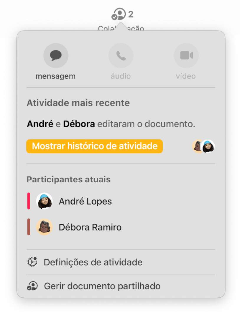 O menu colaboração a apresentar os nomes das pessoas que estão a colaborar no documento.