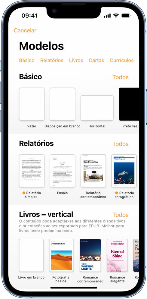 A lista de modelos com uma linha de categorias visível na parte superior, na qual é possível tocar para filtrar as opções. Por baixo estão visíveis miniaturas de modelos preconcebidos organizados em linhas por categoria, que começam por Novo na parte superior e Recentes e Básico posteriormente. Surge um botão Ver tudo por cima e à direita de cada linha da categoria.