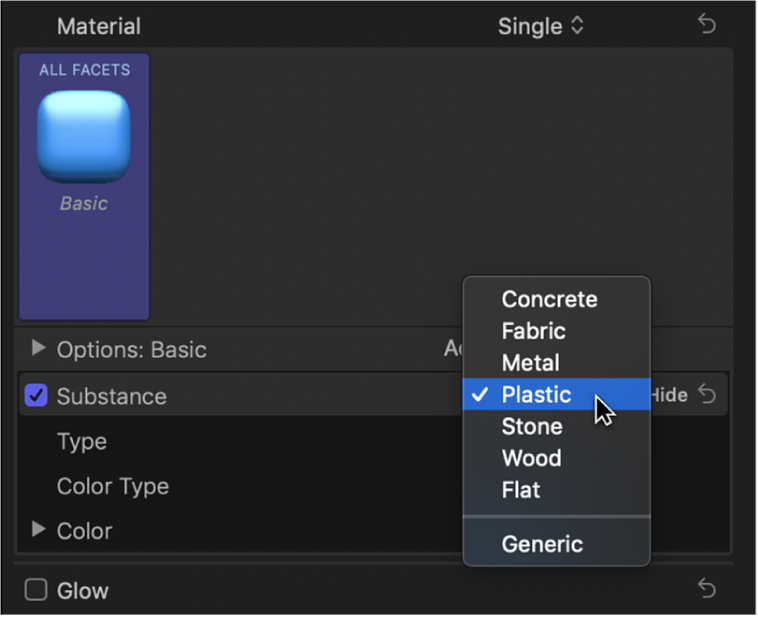 Das Informationsfenster „Text“ mit dem Einblendmenü „Substanz“ im Bereich „Material“ des Bereichs „3D-Text“ und ausgewählter Option „Plastik“