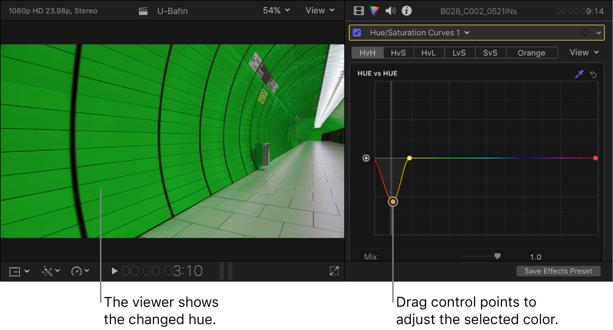 Der Viewer links mit dem geänderten Farbton und das Informationsfenster „Farbe“ rechts mit Steuerpunkten auf der Kurve „Farbton vs. Farbton“