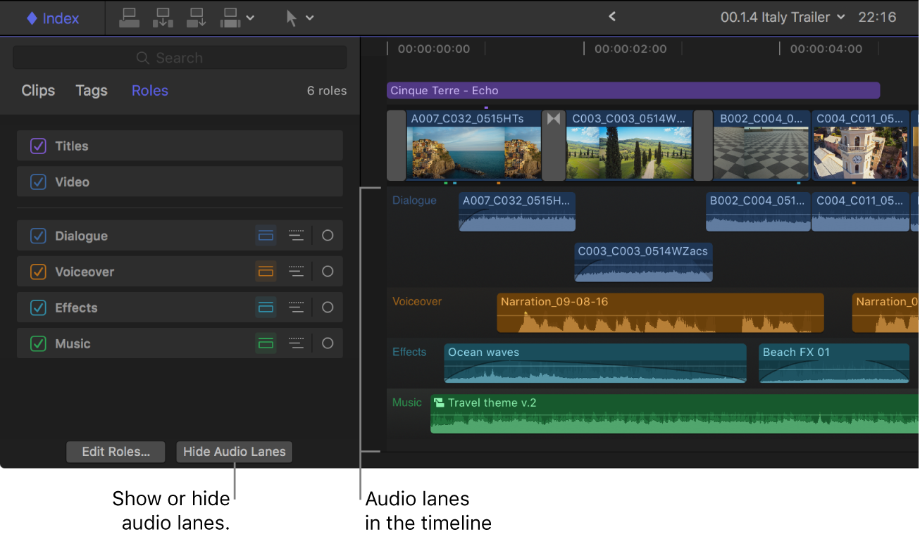 The timeline index after the Show Audio Lanes button has been clicked, and the timeline showing all lanes