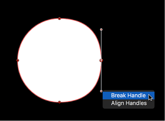 The viewer showing the shortcut menu for a tangent handle point, with Break Handle and Align Handles options