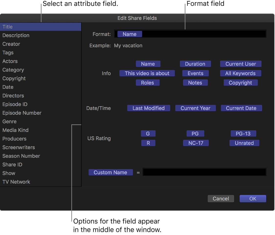 The Edit Share Fields window