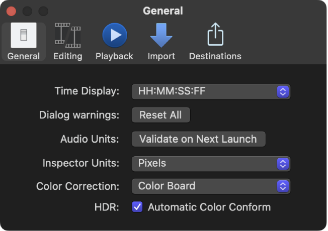 El panel General de la ventana Ajustes de Final Cut Pro