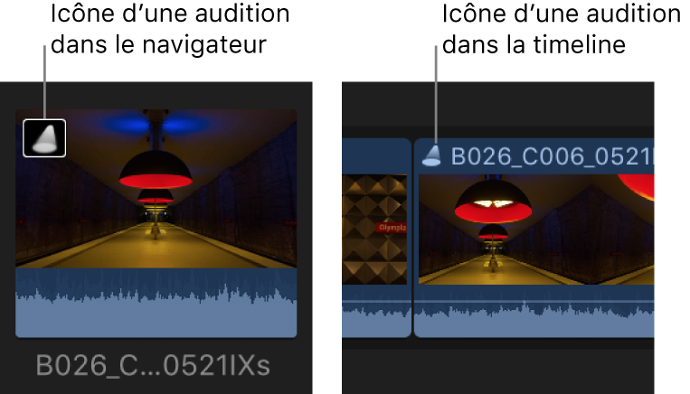 Une icône d’audition sur un plan dans le navigateur et dans la timeline