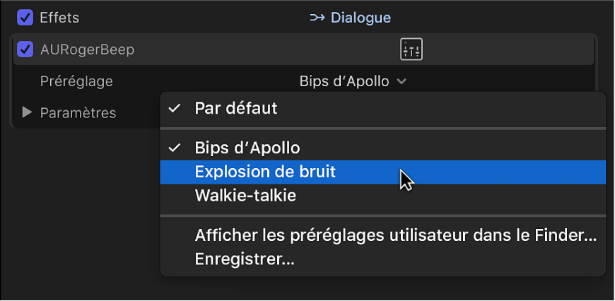 Options du menu local Préréglage dans la section Effets de l’inspecteur audio