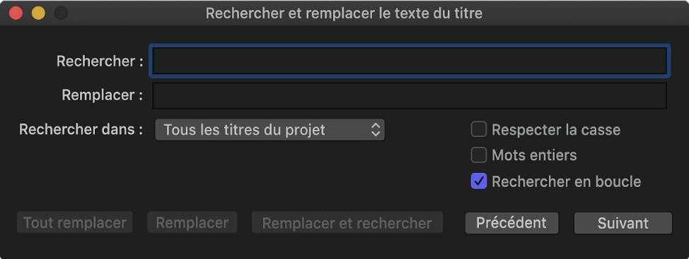 Fenêtre Rechercher et remplacer le texte du titre