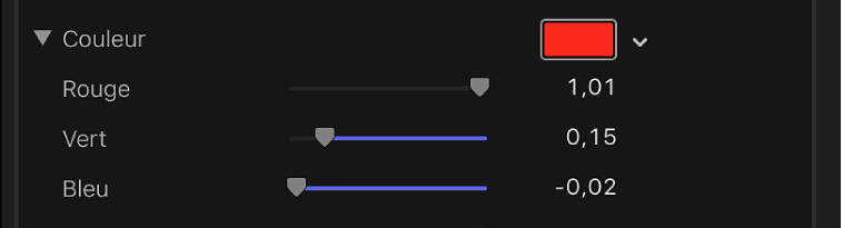 Commandes de couleur développées affichant des curseurs correspondant aux canaux de couleur Rouge, Vert et Bleu