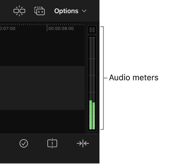 Rechts in der Timeline werden die Audiometer angezeigt.