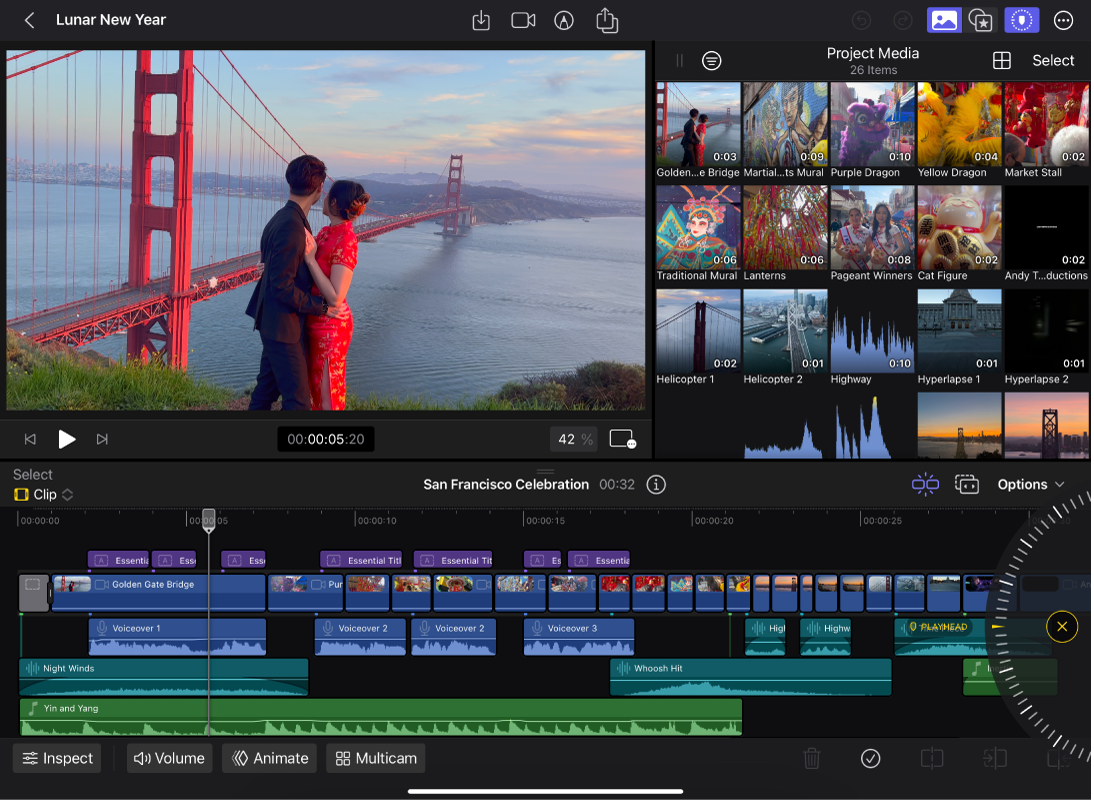 El espacio de trabajo principal de Final Cut Pro para iPad, con el visor y el explorador en la parte de arriba y la línea de tiempo en la parte de abajo.