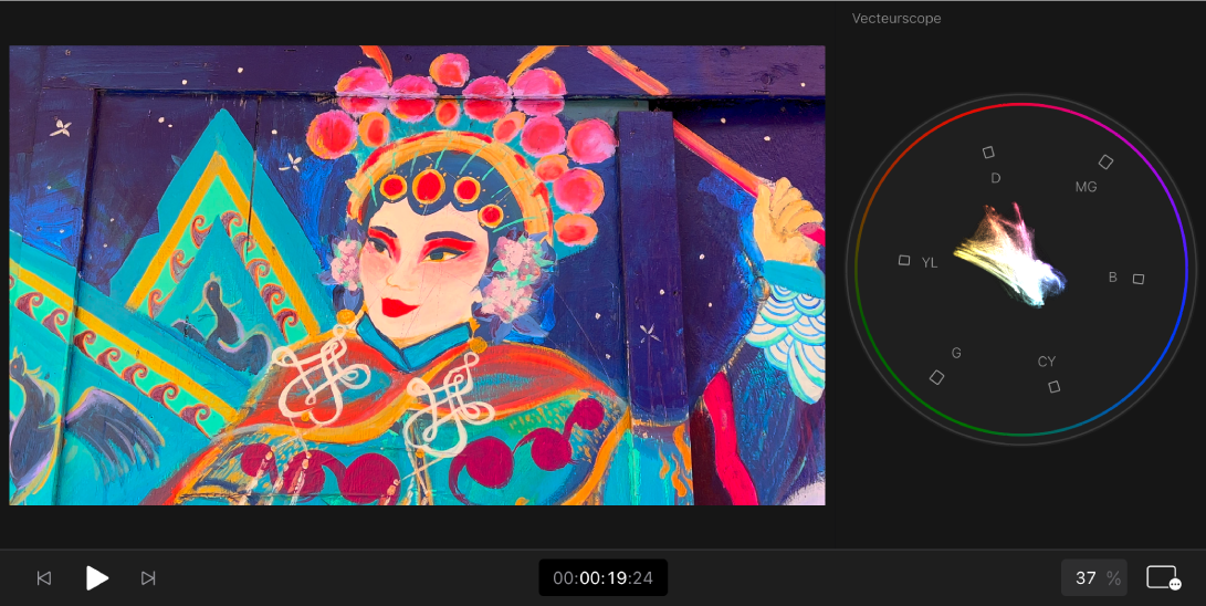 Une image dans le visualiseur sur la gauche et le vecteurscope sur la droite, avec une échelle circulaire qui montre la distribution de la couleur dans le plan.